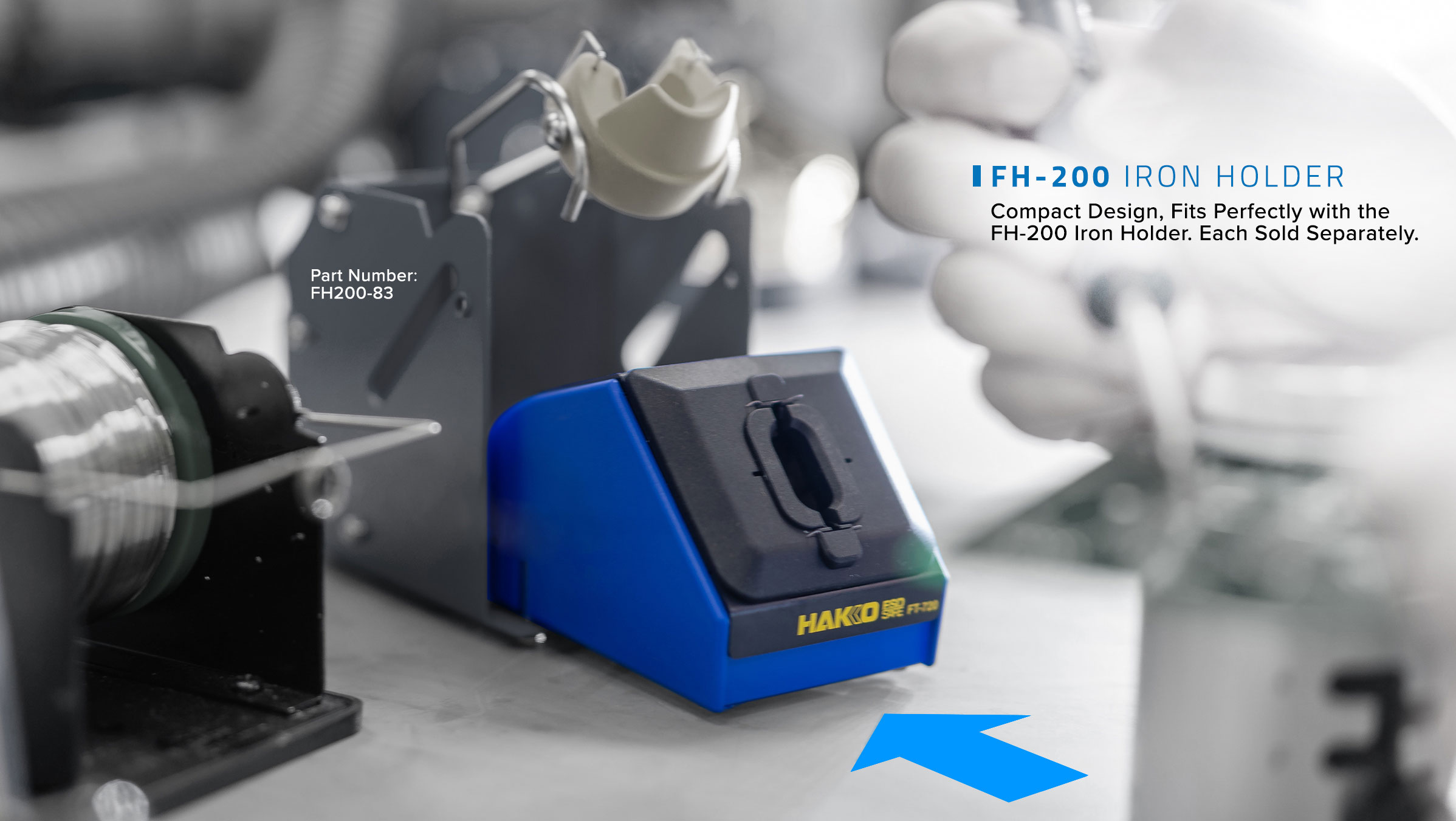 Hakko FT-710 and FT-720 can be mounted to the FH-200 Iron Holder. Sold separately.